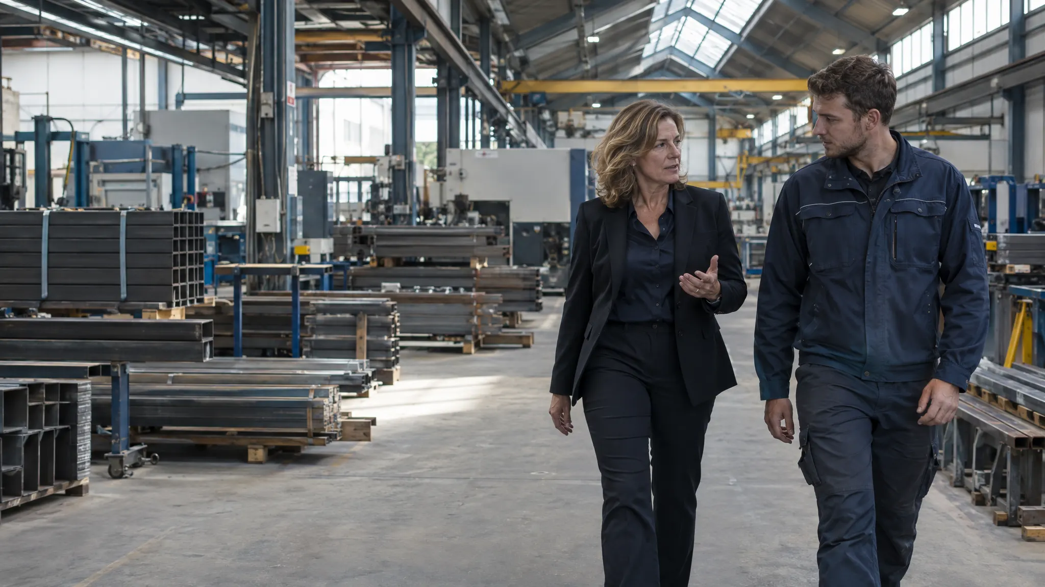 Een directeur loopt met een medewerker door haar eigen productiehal en vertelt.