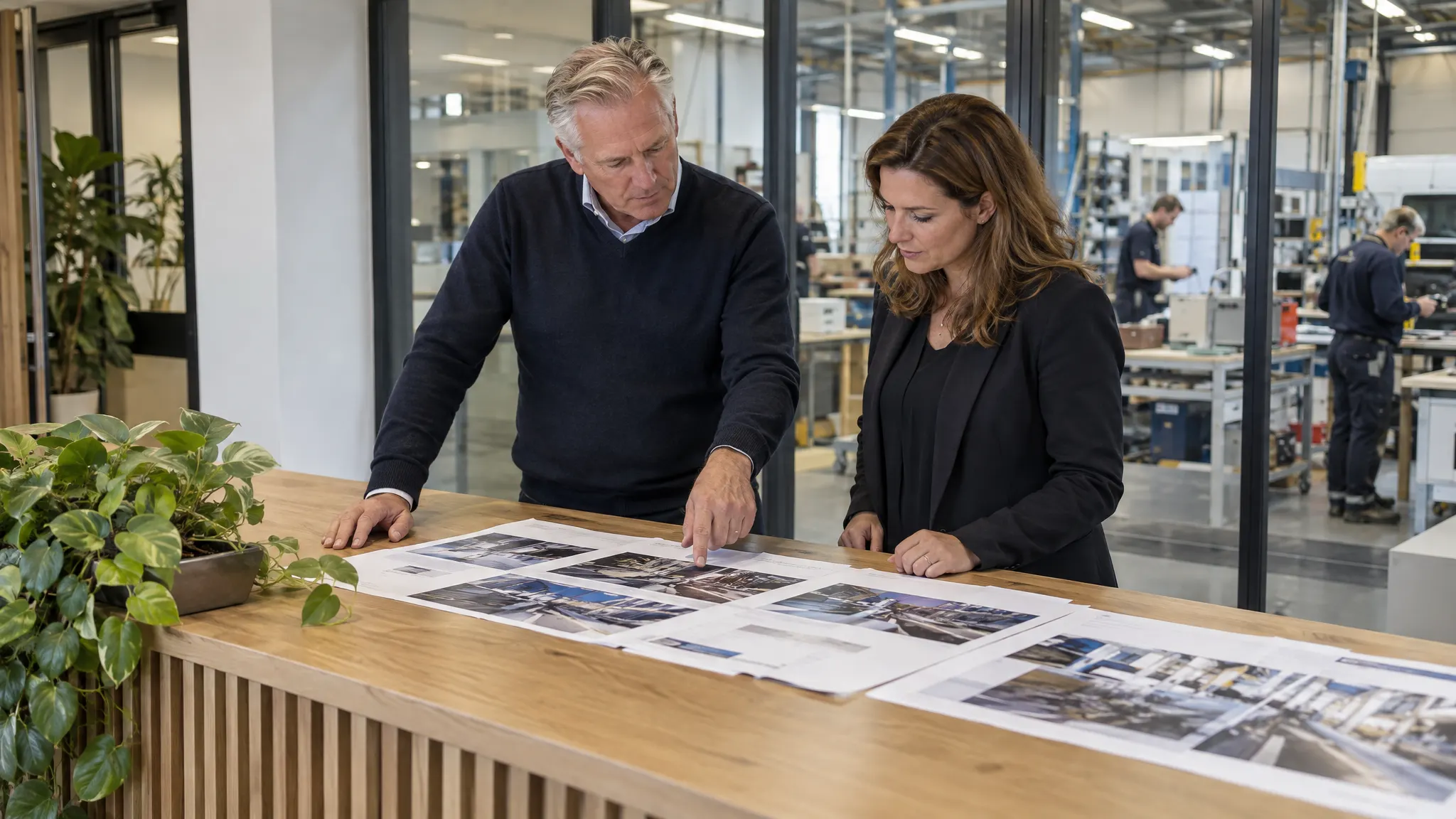 Een directeur en een marketingverantwoordelijke bekijken afdrukken van hun nieuwe website in hun eigen ontvangstruimte.