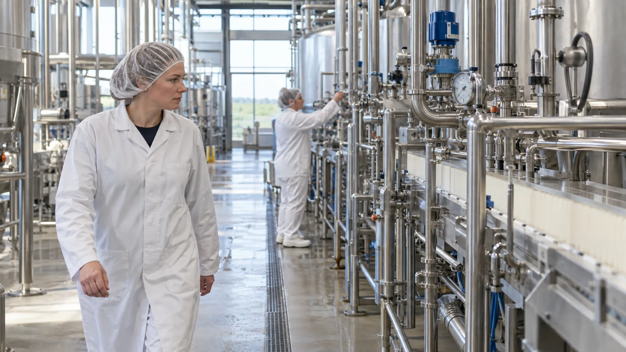 Een kwaliteitsmedewerker loopt langs de productielijn van een zuivelbedrijf.