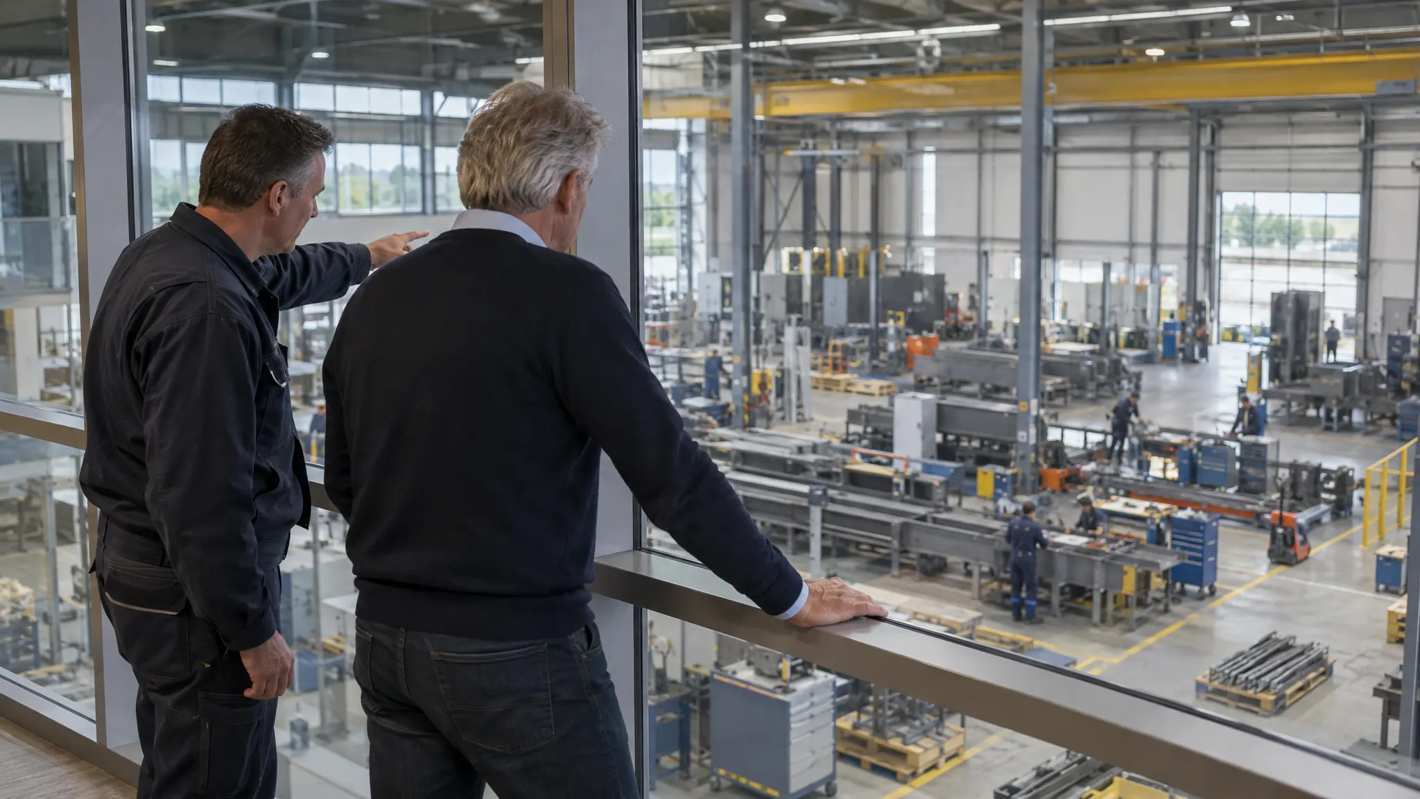 Een directeur kijkt met een collega vanuit zijn kantoor neer op de eigen productievloer.